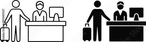  Check-in icon set. Airport Check In Counter icon. Travel and airline service sign for flight boarding and hospitality desk. Vector illustration.