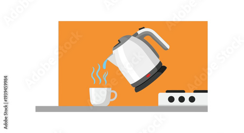 Electric kettle pouring hot water into a cup on a kitchen counter