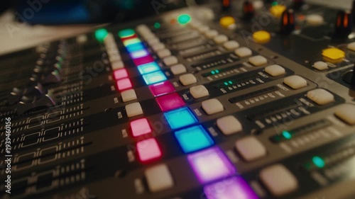 Close-up of illuminated audio mixer controls on professional sound console