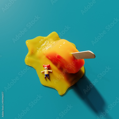 Melting ice cream with young girl sliding on it. Summer concept design on turquoise blue background. 3D Rendering, 3D Illustration