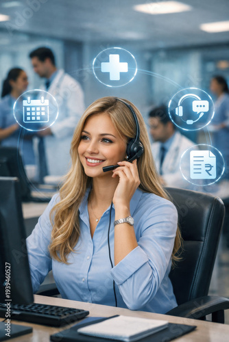 Smiling customer service representative with headset in a modern office using telehealth support icons and digital communication tools to assist patients with scheduling guidance and online care