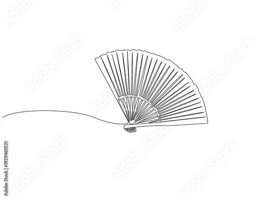 Continuous one line drawing of chinese folding fan. One line drawing illustration of hand fan. Traditional chinese souvenir concept single line. Editable outline