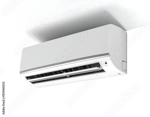 White air conditioner unit mounted on a white wall, casting a soft shadow, angled view
