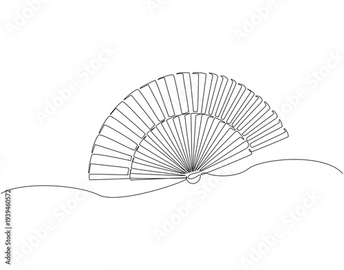 Continuous one line drawing of chinese folding fan. One line drawing illustration of hand fan. Traditional chinese souvenir concept single line. Editable outline