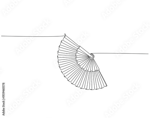 Continuous one line drawing of chinese folding fan. One line drawing illustration of hand fan. Traditional chinese souvenir concept single line. Editable outline