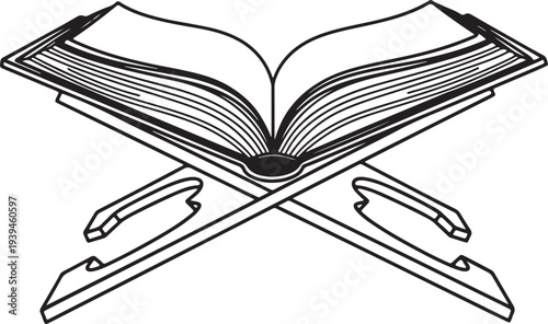 Black and white of open book on crossed reading stands also transparent background crossed stands