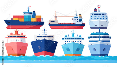 A vibrant illustration of various types of ships and boats sailing on a blue ocean. isolated on transparent background