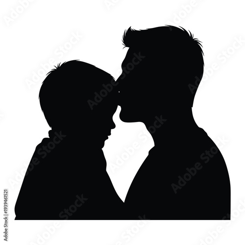 Father kissing son on forehead in silhouette illustration