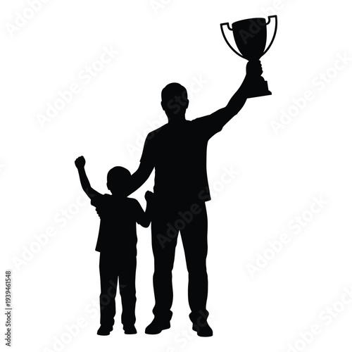 Man and child celebrating victory with trophy in hand