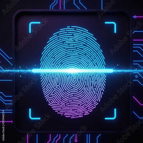 Biometric fingerprint scanning with neon glow for secure identity verification
