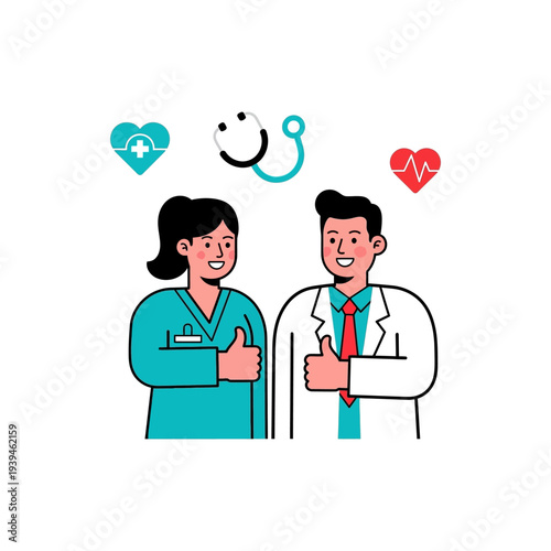 Two healthcare professionals, a male doctor and a female nurse, giving a thumbs up with medical symbols above them.