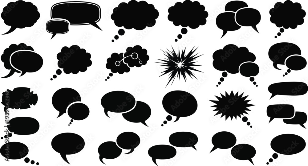 Fototapeta premium Black speech bubbles set icons collection isolated on white background vector illustration
