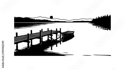 Black and white vector illustration of a dock on a lake