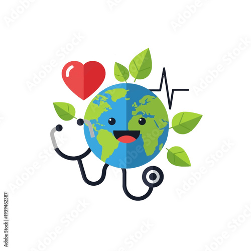 A happy cartoon Earth character with a stethoscope, surrounded by green leaves, a heart, and a heartbeat line, symbolizing global health and environmental care.