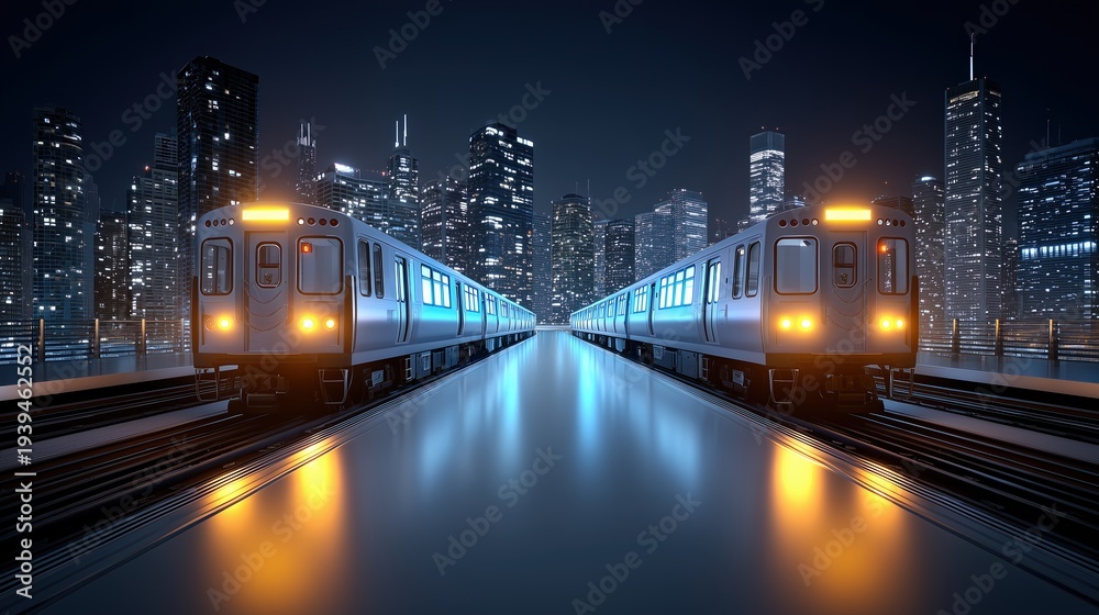 Fototapeta premium Modern trains on tracks at night with a city skyline illuminated by lights