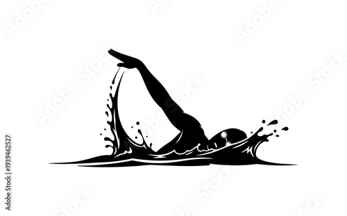 Vector illustration of a black swimming person diving into water