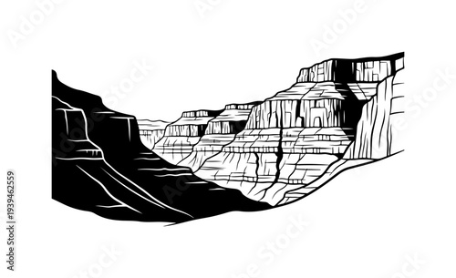 Black and white vector illustration of rocky cliff landscape