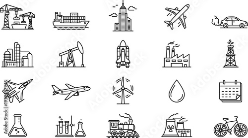 Industrial technology transport and energy line icons set, factory oil airplane rocket wind turbine science laboratory transport industry collection