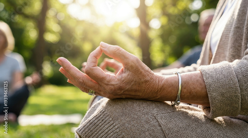 Wallpaper Mural Elderly people doing yoga in park meditate together on green grass under warm sunlight creating calm healthy lifestyle scene with mindful relaxation outdoor group exercise focus Torontodigital.ca