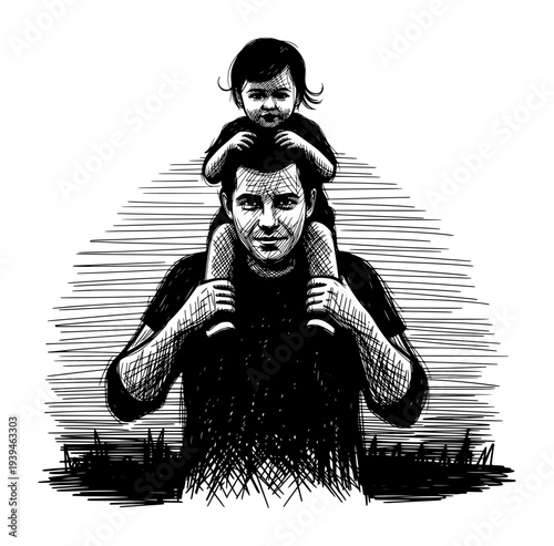 Father Carrying Child on Shoulders Black and White Engraving Style Illustration