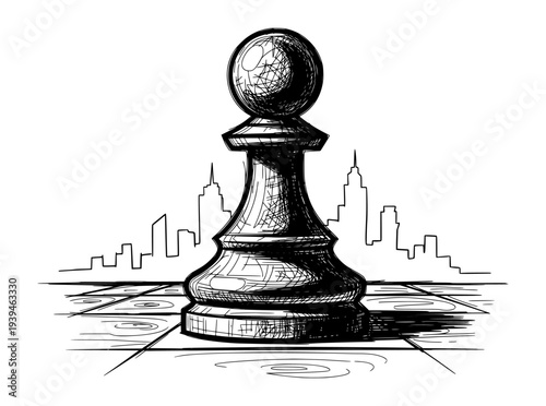 Chess Pawn Sketch with City Skyline Background Black and White Ink Vector Illustration