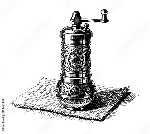 Vintage Ornate Spice Grinder Engraving Style Black and White Vector Illustration