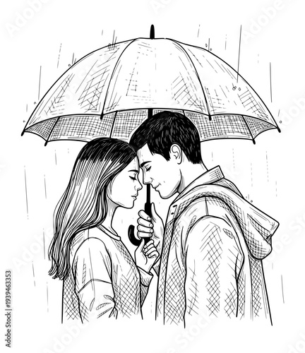 Romantic Couple Under Umbrella in Rain Black and White Etching Style Sketch