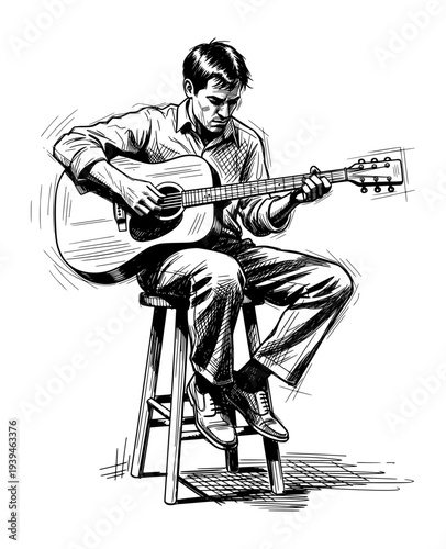 Acoustic Guitarist Playing Guitar Pen and Ink Sketch Black and White Illustration