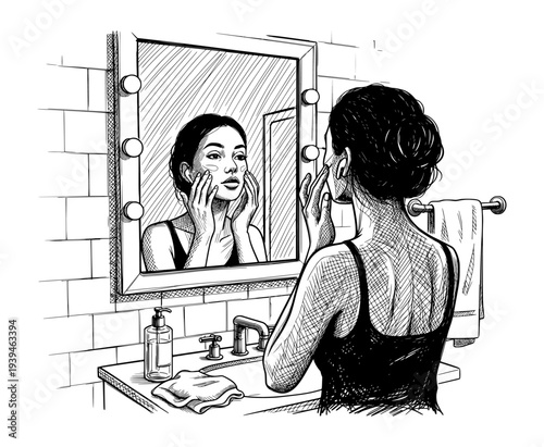 Woman Looking in Bathroom Mirror Vanity Reflection Engraving Style Black and White