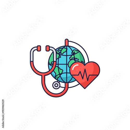 A vibrant illustration depicting global health, featuring a red stethoscope, a blue and green globe, and a red heart with an electrocardiogram line, all on a white background.