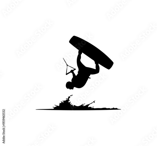 Vector silhouette of kitesurfer performing trick