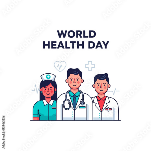 Illustration of a nurse and two doctors celebrating World Health Day, symbolizing global healthcare and medical professionals.