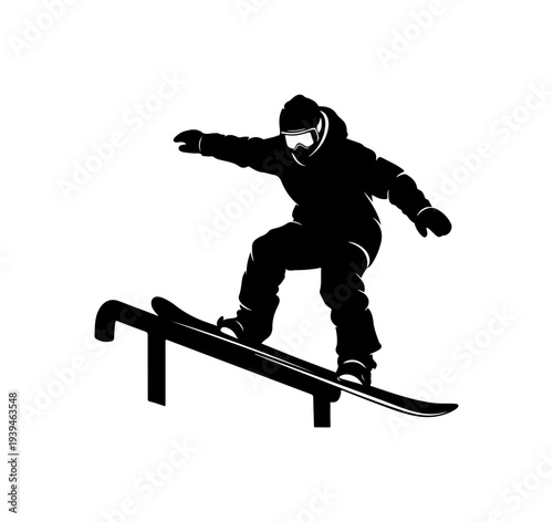 Black silhouette of snowboarder grinding on rail vector