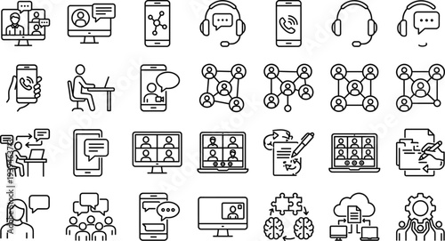 Online communication and virtual meeting line icons set, video conference chat support network collaboration outline vector collection