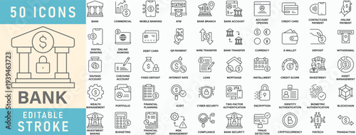 Bank line icon collection, Editable stroke. Vector illustration.
