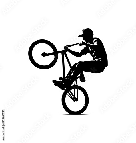 Black silhouette of a man riding a bicycle performing a trick on a white background vector