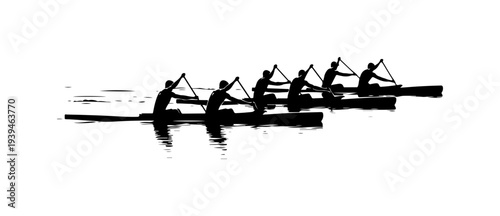 Vector silhouette of rowing team on calm water