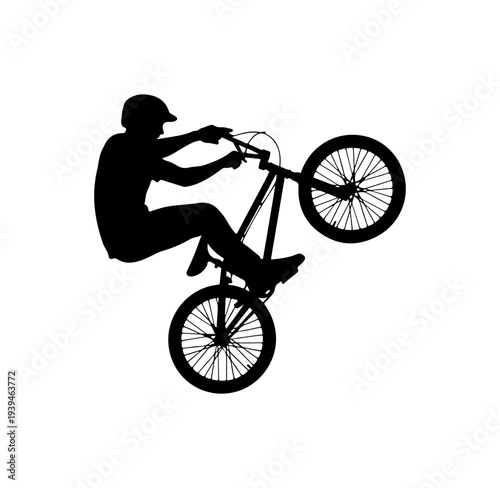 Black silhouette of a man performing a trick on a bicycle vector