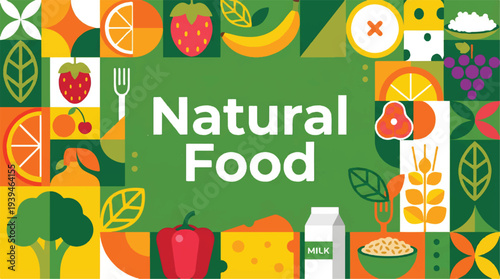 Natural food colorful illustration with various fruits and vegetables
