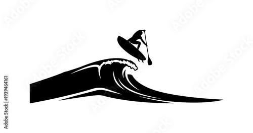 Black vector surfing icon, silhouette wave rider