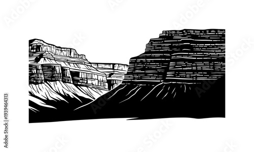 Black and white vector illustration of rocky landscape