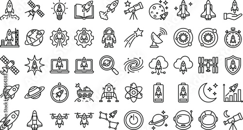 Space exploration and rocket technology line icons set, astronaut satellite galaxy telescope shuttle universe outline vector collectionSpace exploration and rocket technology line icons set