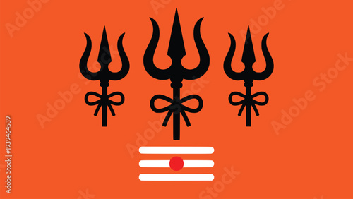 Lord Shiva Trishula Trident and Tripundra Tilak on Saffron Background