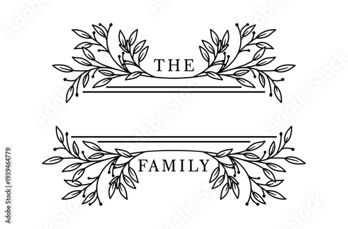 Floral wreath family name sign split monogram vector design 