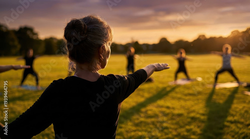 Elderly people doing yoga in park at sunset together on green grass calm group exercise session outdoor wellness class stretching relaxed