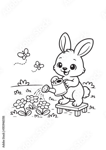 Cute Bunny Watering Flowers in Garden – Kids Coloring Page Line Art