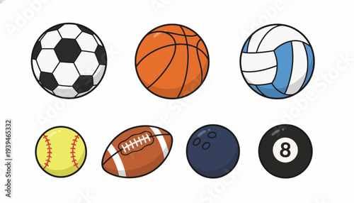 Sports ball icon set. Soccer, basketball, tennis and more balls in flat style