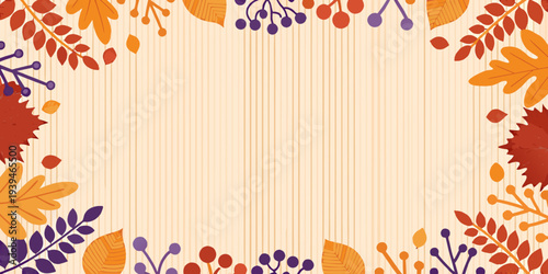 Autumn leaves and berries form a decorative frame around a beige background