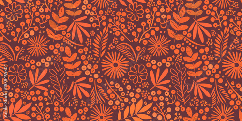 Floral pattern with stylized orange and reddish brown botanical elements