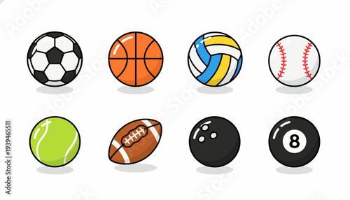 Set of colorful sport balls including soccer volleyball basketball tennis baseball and football 